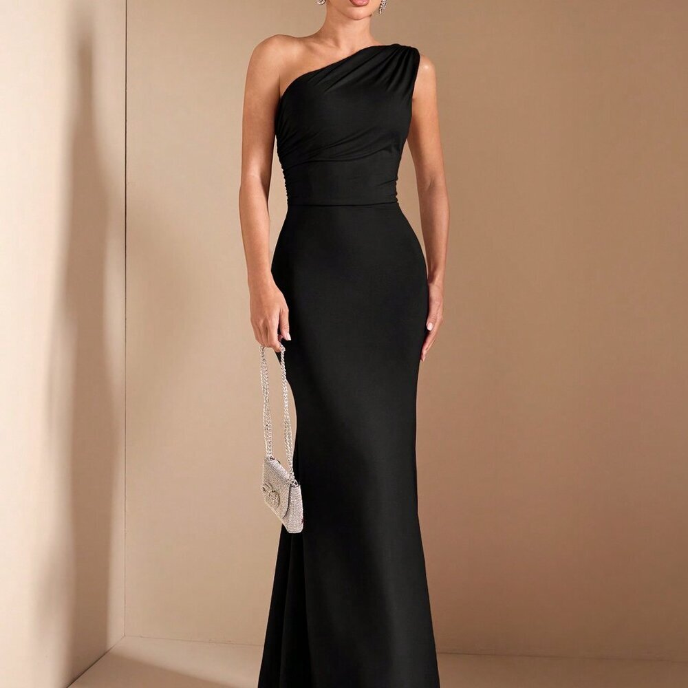 Black Elegant Asymmetrical Women's Backless Party Dress - Picture 3 of 5